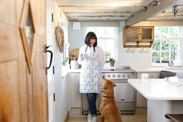 coastal kitchen apron printed with nautical design