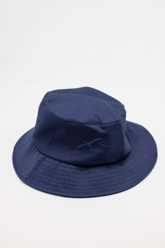 Navy organic cotton bucket hat with Creek bird embroidery
