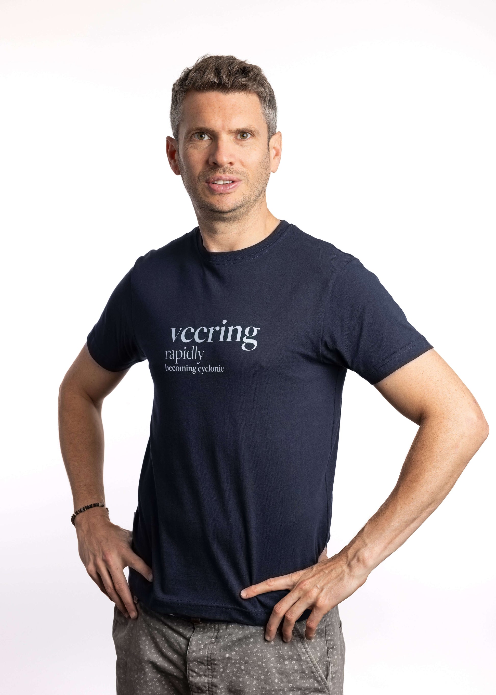 Navy organic cotton t-shirt with ‘Veering’ slogan from Shipping Forecast collection