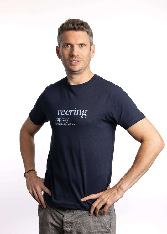 Navy organic cotton t-shirt with ‘Veering’ slogan from Shipping Forecast collection