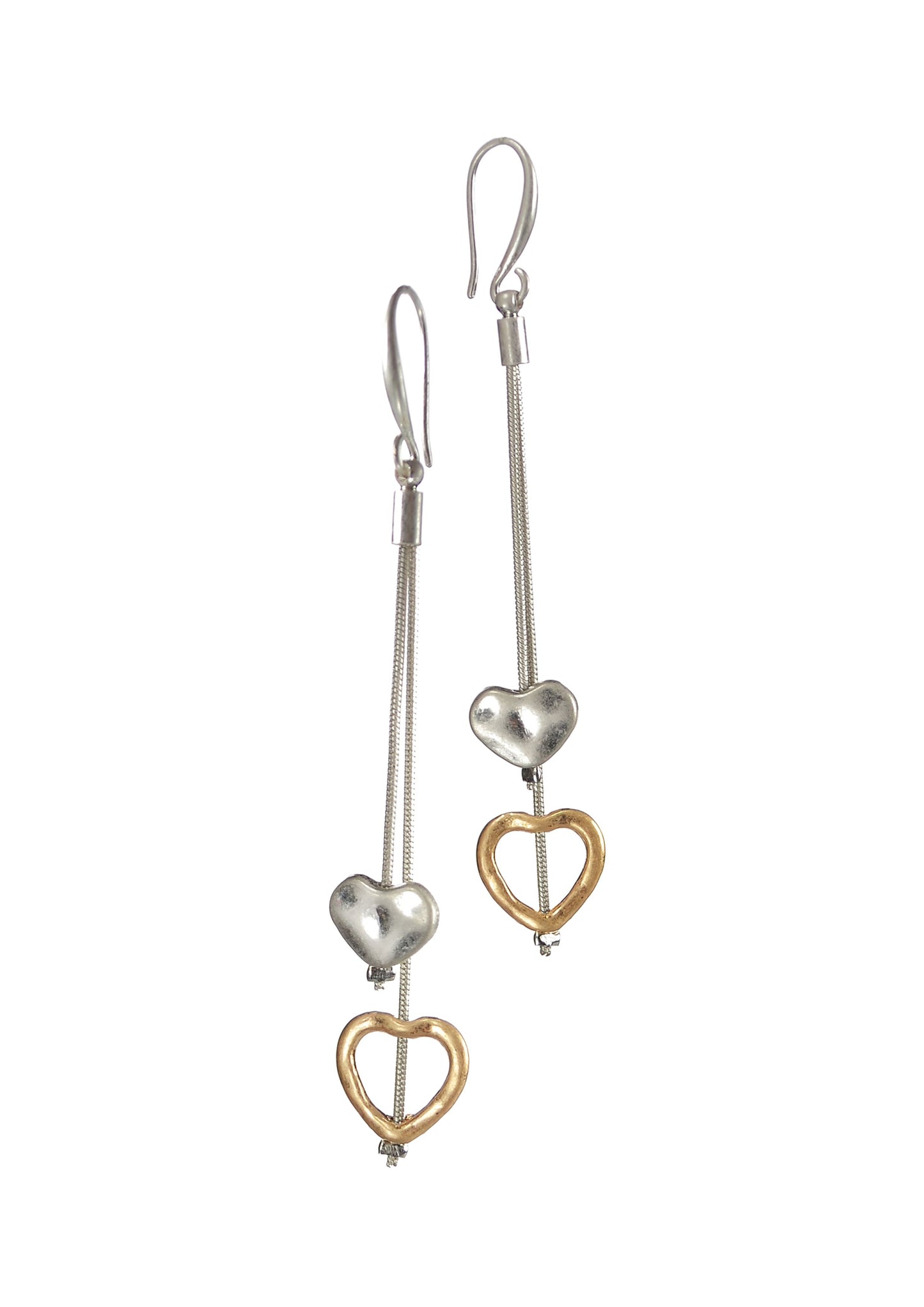 Double Heart Chain Drops in Worn Silver and Gold