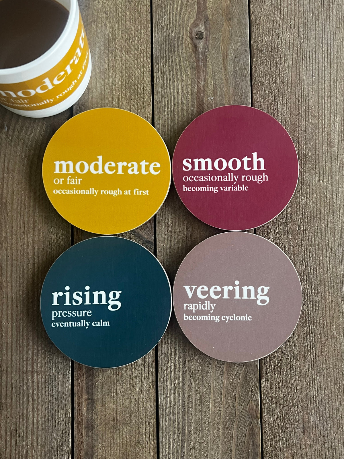 Shipping Forecast coasters: Moderate, Smooth, Rising, Veering