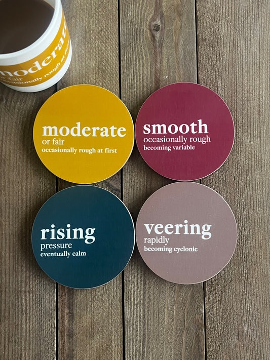 Shipping Forecast coasters: Moderate, Smooth, Rising, Veering