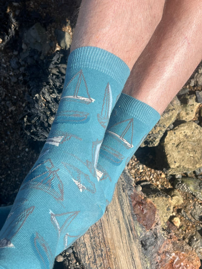 Sailboats Cotton Crew Socks – Harbour Blue