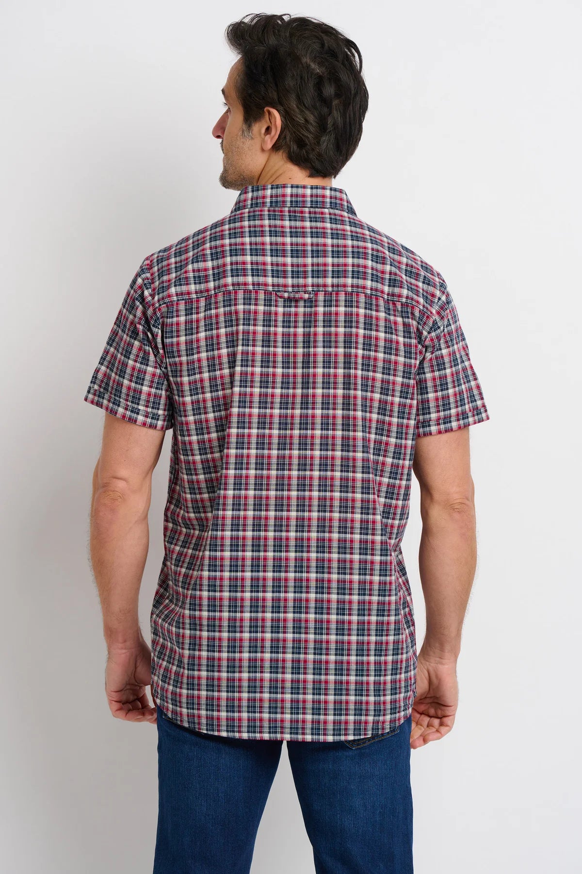 Navy and Red Short Sleeved Checked Shirt